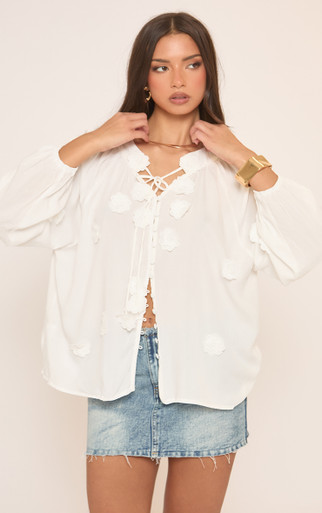 Long Sleeve Flower Applique Tie Front Blouse In White | EGO US | EGO