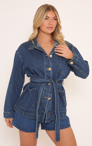 Long Sleeve Belt Detail Button Front Jacket In Blue Denim