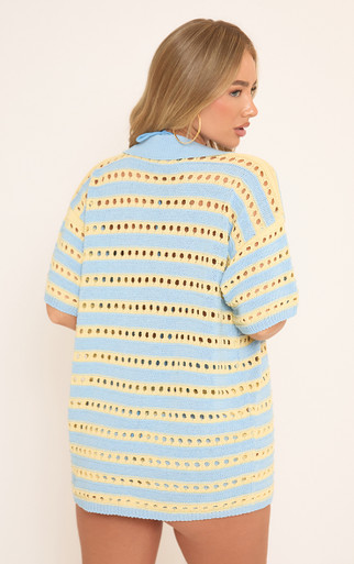 Short Sleeve Shirt In Blue And Yellow Stripe Crochet Knit