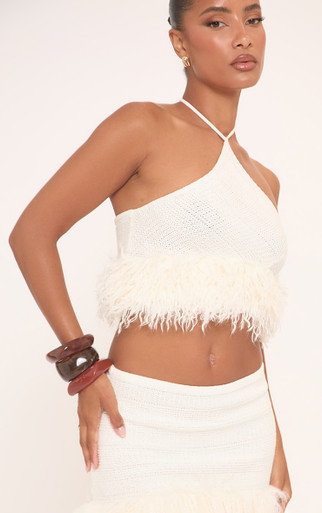 Mid Rise Faux Feather Trim Mini Skirt In Cream Crochet Knit | EGO