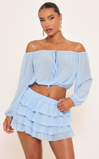 Long Sleeve Tie Front Bardot Top And Frill Detail Mini Skirt Co