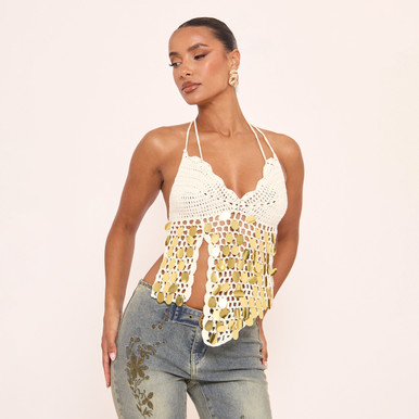 小物などお買い得な福袋 Halterneck Disc Sequin Detail Top In Cream Crochet Knit トップス