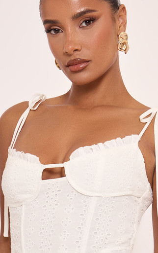 Sleeveless Tie Strap Detail Frill Hem Corset Top In White Broderie