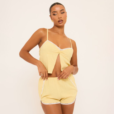 トップス @ohprem Strappy Lace Trim Detail Split Front Top In Yellow Linen | EGO US