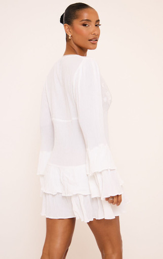 Long Sleeve Embroidered Detail Frilled Mini Dress In White | EGO