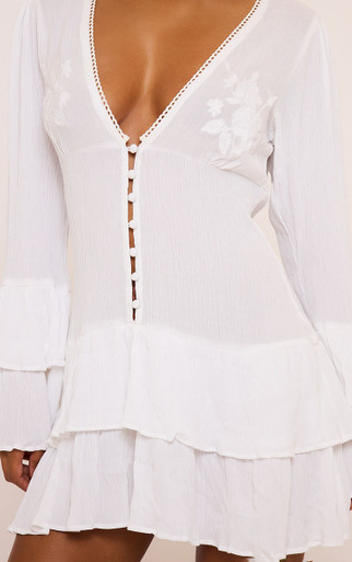 Long Sleeve Embroidered Detail Frilled Mini Dress In White | EGO