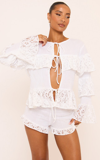 Long Sleeve Tie Front Frill Detail Top In White | EGO US | EGO