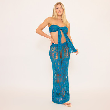 Bandeau Tue Front Crop Top And Maxi Skirt Co-Ord Set In Blue