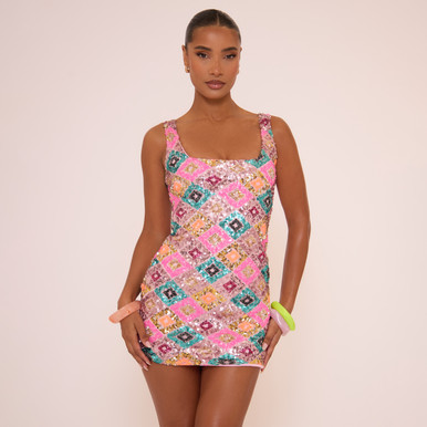 45813 Printed Sequin Square Neck Mini Dress In Multi | EGO Shoes