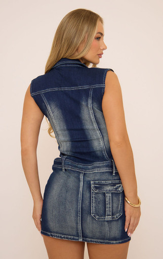 Sleeveless Zip Down Pocket Detail Collared Fitted Mini Dress