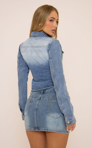 Long Sleeve Seam Detail Corset Hem Fitted Jacket In Blue Denim