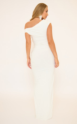 Asymmetric One Shoulder Ruched Detail Maxi Dress In White Slinky | EGO US