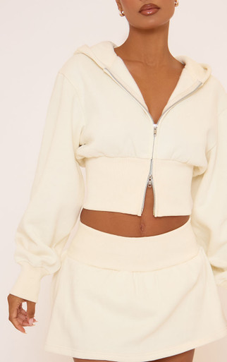 【IONSEOUL】Rage Crop Hood 4JH559 Long Sleeve Zip Up Front Detail Cropped Hoodie In Cream