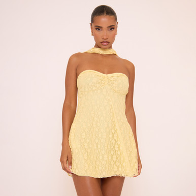 Bandeau Scarf Detail Flippy Hem Mini Dress In Yellow Lace | EGO US | EGO
