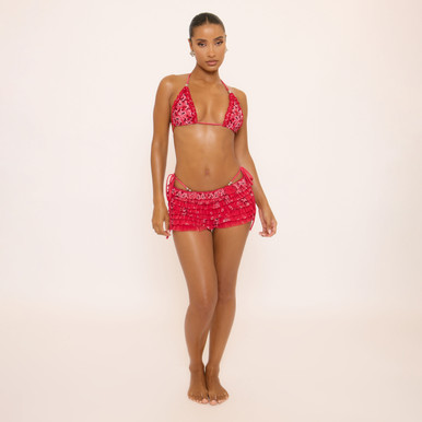 Mid Rise Layered Frill Mini Shorts In Red Bandana Print Mesh | EGO