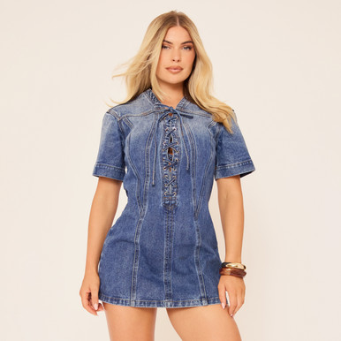 Short Sleeve Lace Up Front Detail Mini Dress In Mid Blue Wash Denim | EGO  US | EGO