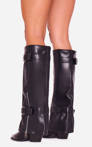 靴 SIDE WAVE BUCKLE LONG BOOTS Tuff Side Buckle Detail Pointed Toe Knee High Long Boot In Black