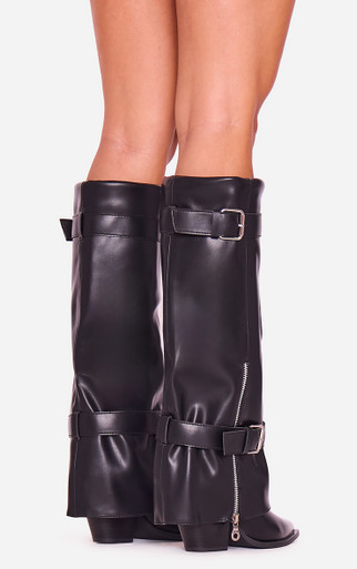 Tuff Side Buckle Detail Pointed Toe Knee High Long Boot In Black