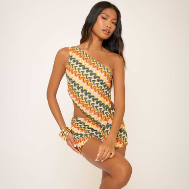 NKNIT ☆pile crocht shorts　トゥデイフル　ロンハーマン One Shoulder Asymmetric Top And Hot Pant Shorts Co-Ord Set In