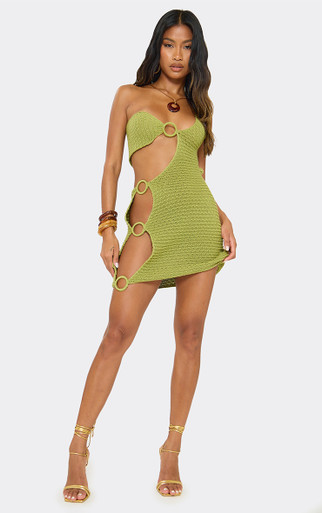 R2【プロフィール必読お願いします】Cut Out Mini Dress One Shoulder Cut Out Ring Detail Mini Dress In Green Knit