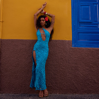 One Shoulder Cut Out Front Side Split Maxi Dress In Blue Lace