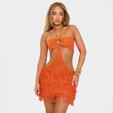 orange fringe mini dress Orange Halter Fringe Mini Dress