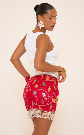Mid Rise Tassel Hem Detail Mini Skirt In Red Floral Print | EGO US