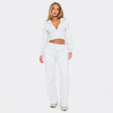 Cinched Waist Zip Up Hoodie And Wide Leg Joggers Co-Ord Set In