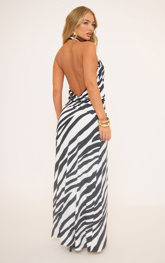 Plunge Wrap Split Leg Trim Detail Maxi Dress In White Zebra Print | EGO US  | EGO
