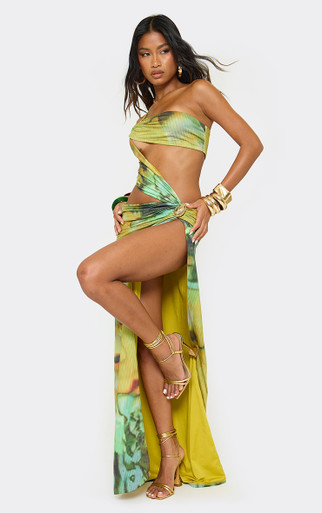 green ombre print plisse cut out strappy maxi dress Green Abstract Print Plisse Strappy Maxi Dress