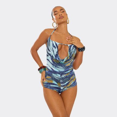 Halterneck Cowl Front Detail Playsuit In Blue Zebra Print | EGO US
