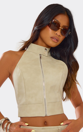 High Neck Zip Front Open Back Top In Stone | EGO US | EGO