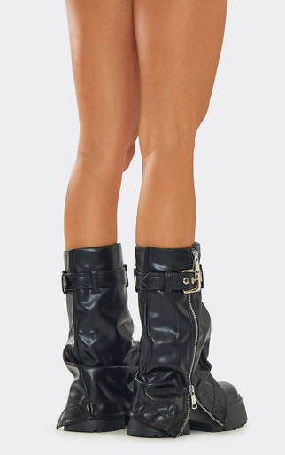 Poster Side Zip Belted Chunky Mid Calf Biker Boot In Black Faux