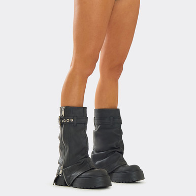 Poster Side Zip Split Belted Chunky Mid Calf Biker Boot In Grey