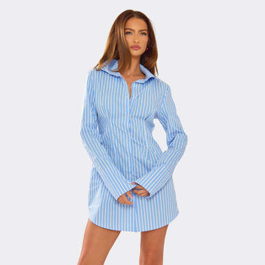 Long Sleeve Cinched Waist Shirt Dress In Blue Striped | EGO US | EGO Long Sleeve Cinched Waist Shirt Dress In Blue Striped | EGO US | EGO