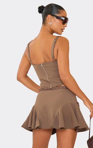 Mid Rise Frill Side Eyelet Lace Up Detail Mini Skirt In Brown