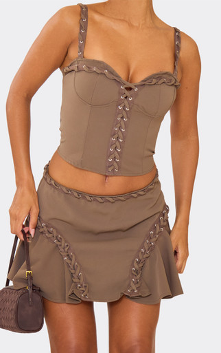 Mid Rise Frill Side Eyelet Lace Up Detail Mini Skirt In Brown