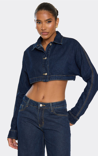 Long Batwing Sleeve Collared Cropped Top In Indigo Denim | EGO US