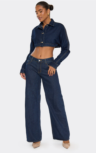 Long Batwing Sleeve Collared Cropped Top In Indigo Denim | EGO US