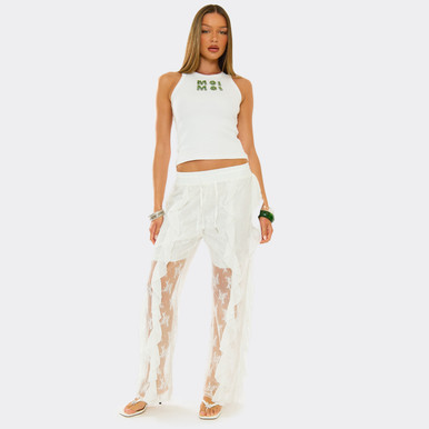 Mid Rise Lace Ruffle Detail Wide Leg Trousers In White | EGO US | EGO