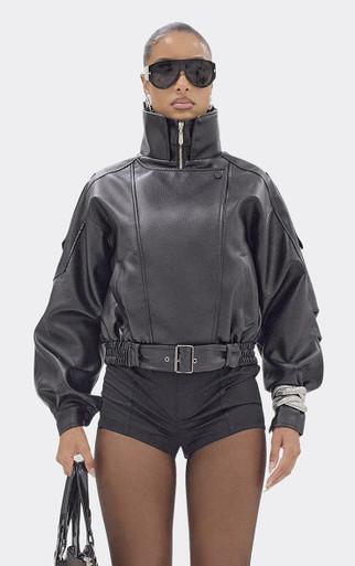 Long Sleeve Belted Biker Jacket In Black Faux Leather | EGO US | EGO