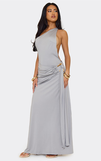 charcoal grey slinky backless high neck tie maxi dress Brown Satin Square Neck Sparkly A-Line Long Dress – Little Lala Boutique main image 0