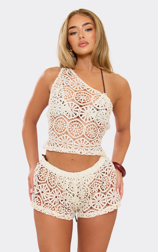 One Shoulder Lace Up Back Detail Beach Top In Cream Crochet | EGO
