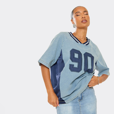 Short Sleeve Contrast Detail Jersey In Blue Denim | EGO US | EGO