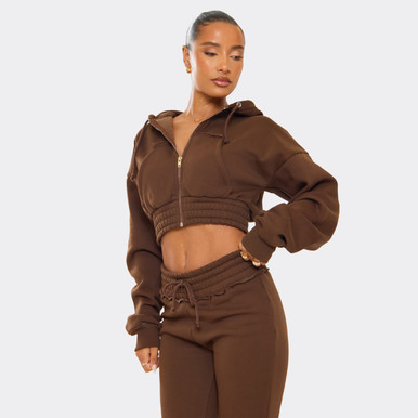 Long Sleeve Distressed Detail Cropped Zip Up Hoodie In Chocolate