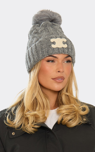 Logo Detail Pom Pom Beanie Hat In Grey Cable Knit | EGO UK | EGO