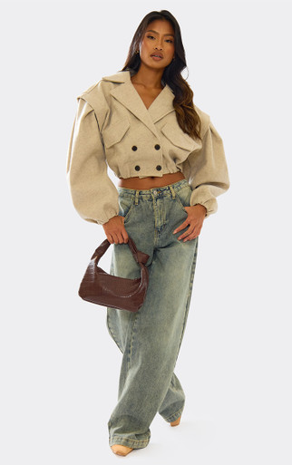 Long Sleeve Cinched Waist Cropped Wool Look Trench Jacket In Beige
