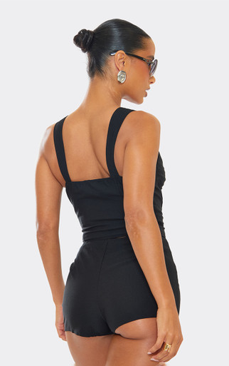 Sleeveless Lace Up Front Corset Top In Black Stretch Woven | EGO