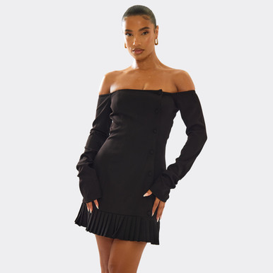 Bardot Long Sleeve Button Front Frill Hem Mini Dress In Black | EGO US | EGO