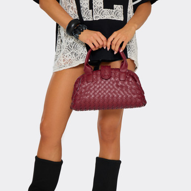 Davos Shaped Shoulder Bag In Burgundy Woven Faux Leather | EGO US